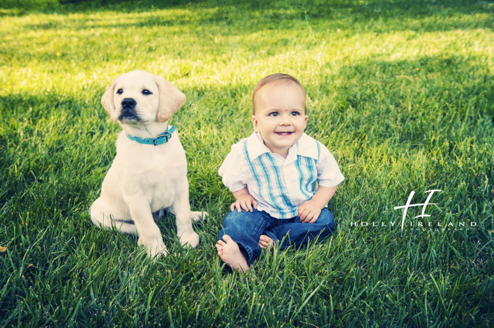 Cute puppy and baby photography in a park of San Diego