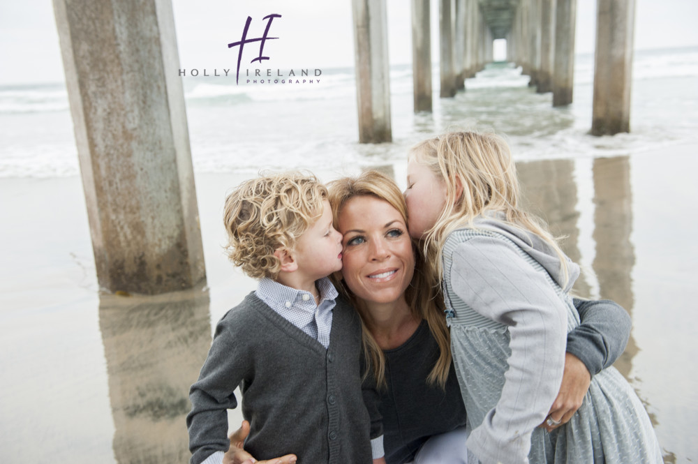 mom and kids at the beach in San diego