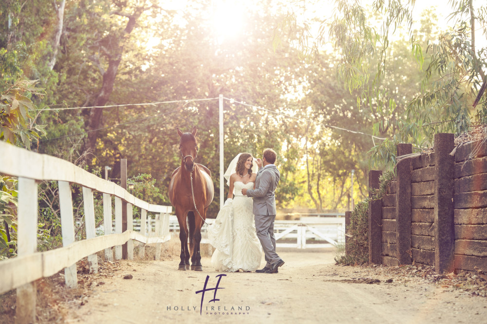 ranch style bride and groom photos with a horse