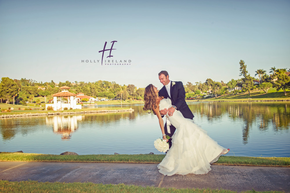 Bride and groom dip photos in Rancho Santa Fe