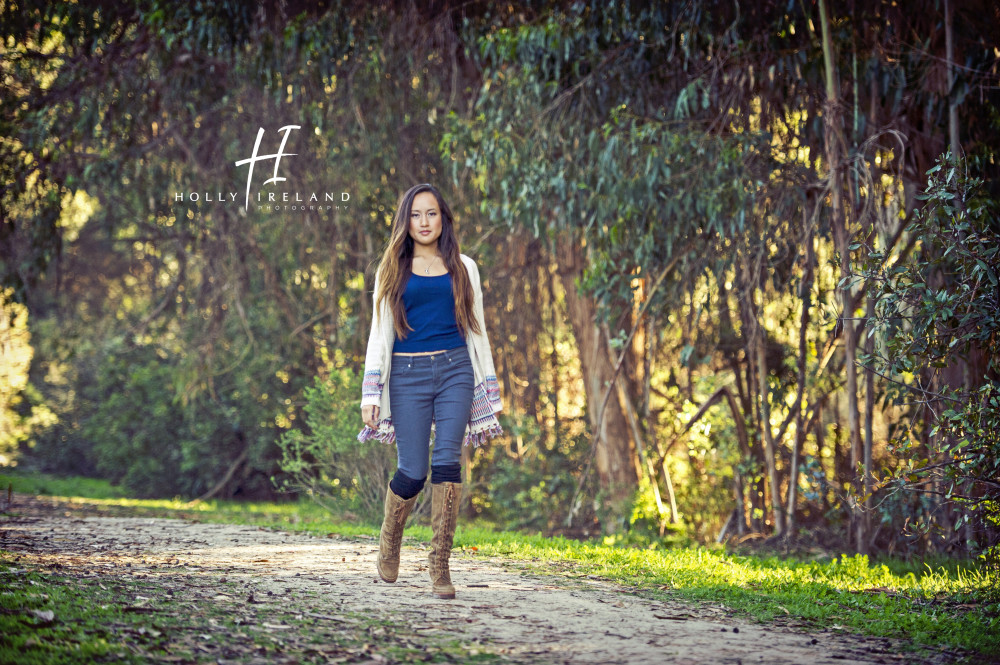 Beautiful california high school senior photos of a girl on a trial and at the beac