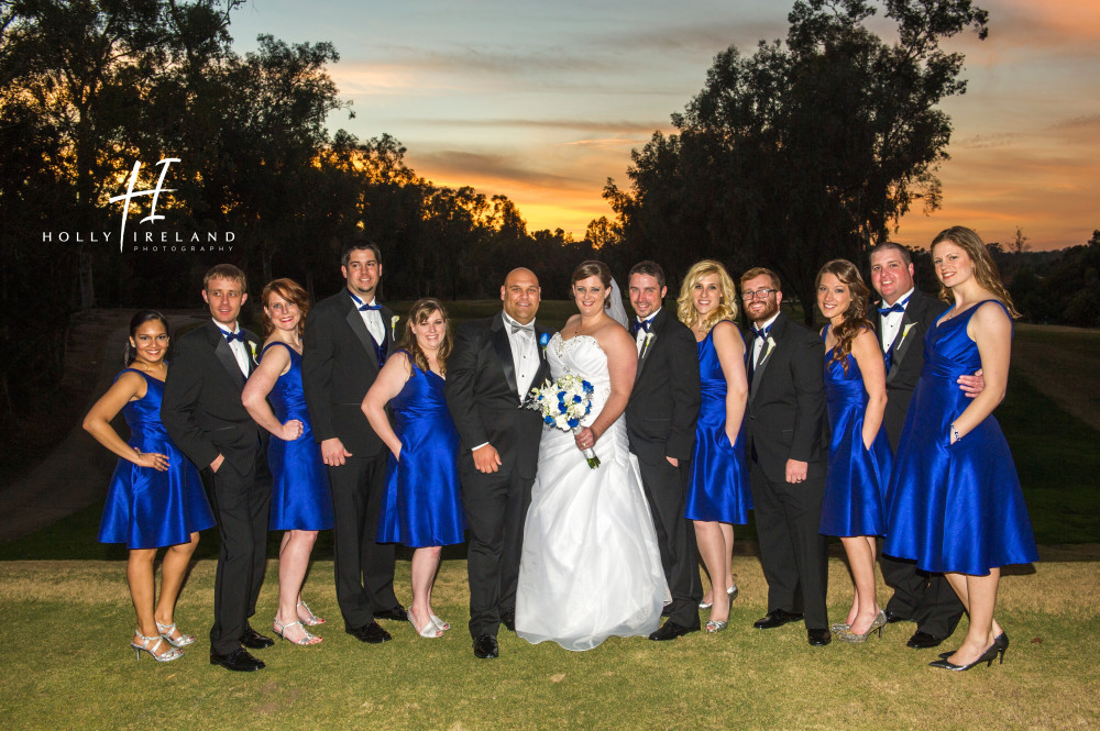 Classic Bride and Groom Photos at the Rancho Santa Fe Garden Club in San Diego CA bridal party at sunset