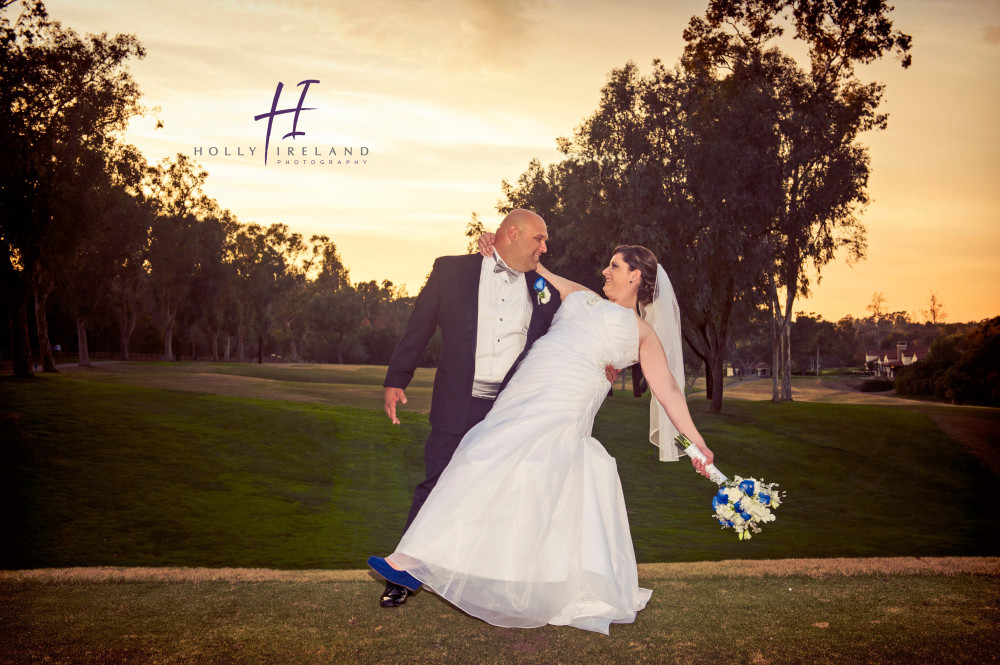 Classic Bride and Groom Photos at the Rancho Santa Fe Garden Club in San Diego CA sunset with a dip